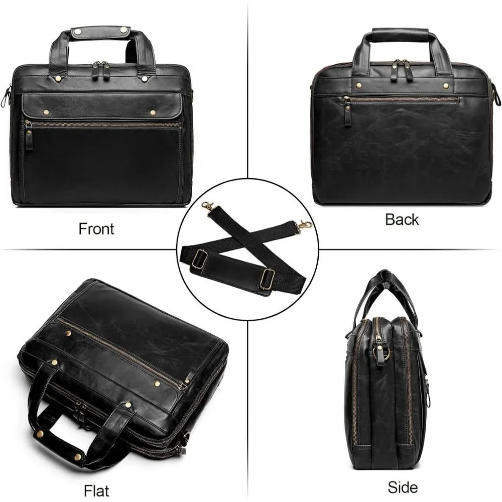 Men's Black Leather Waterproof laptop bag 15.6 Inch